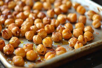 Crispy chickpeas on baking sheet, warm light, close-up view. AI image