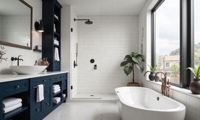 A stylish bathroom with a walk-in shower, white tiles, and a matte black showerhead, complemented by a vanity in deep navy blue