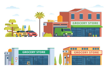 Grocery store building bundle vector illustration. Shop & market in flat style, Fully editable elements	
