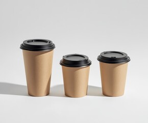 Three Disposable Coffee Cups in Varying Sizes Against Gray Background