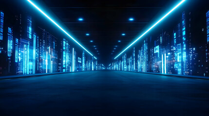 Dark Futuristic Tunnel With Glowing Blue Neon Lights And Digital Data Matrix Code In Cyberpunk Style