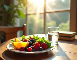 A well-balanced healthy food plate paired with a refreshing glass of water, set in bright daylight, highlighting fresh ingredients and a clean eating lifestyle.
