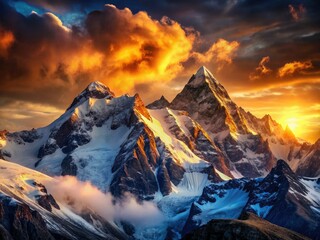 Golden hour paints snow-capped peaks, an epic sunset landscape unfolds.