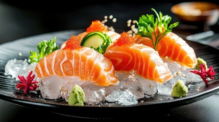 Elegant salmon sashimi set on crushed ice, with coral decorations and a soft glow