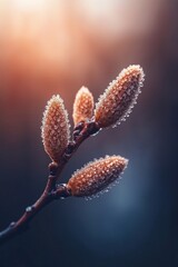 Fototapeta premium Dew-covered buds on a branch in soft morning light create an enchanting atmosphere in a tranquil setting