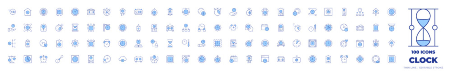 100 Clock Icons Collection. Line Duotone style, editable stroke. focus, time management, big ben, timer, team, down time, coming soon, coordination, save time, 24h
