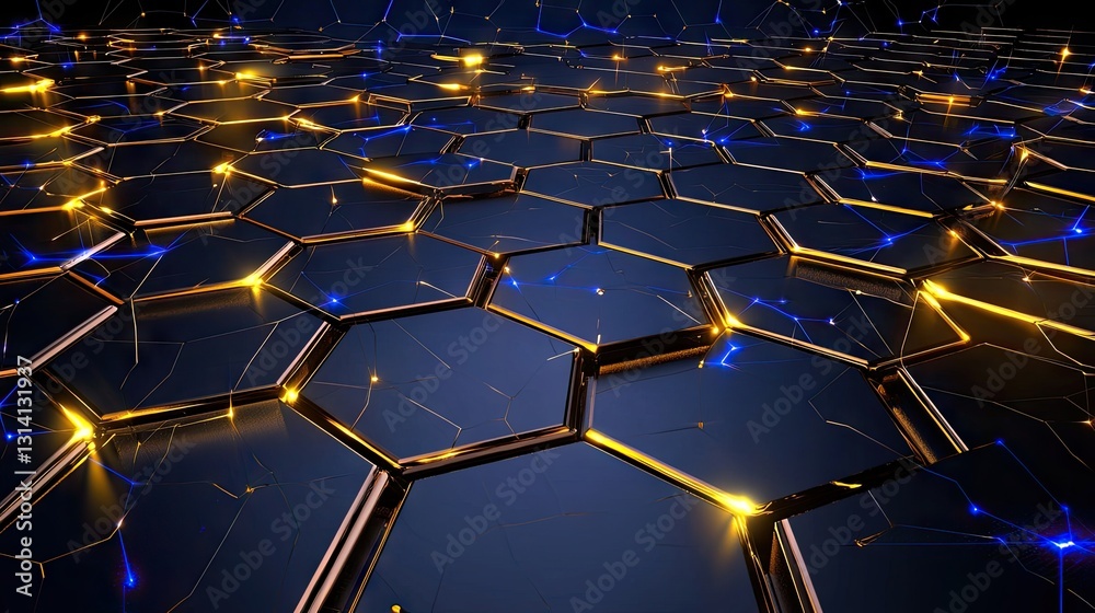 Poster futuristic hexagonal grid with glowing blue energy pulses, creating a high-tech abstract background