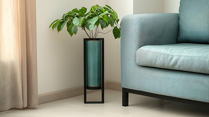 A potted plant stands next to a modern turquoise colored sofa