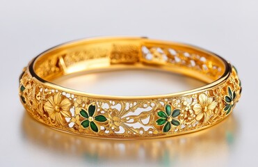 Intricate Gold Bangle with Floral Design and Colorful Accents