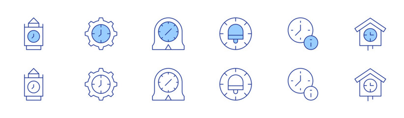 Clock icon set in two styles, Duotone and Thin Line style. Editable stroke. clock, clock tower, adjust, kitchen timer