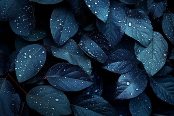 Obraz premium Close-up of dew-studded leaves in moody blue tones. AI image