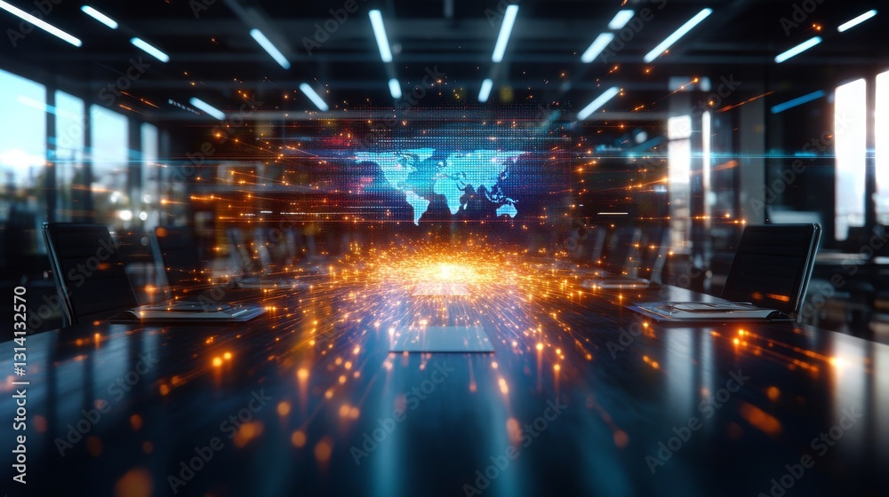 Poster dynamic animated visualization of world map in modern office setting with tech effects