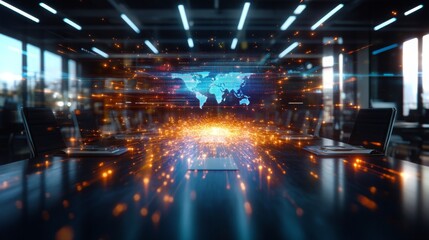 Dynamic animated visualization of world map in modern office setting with tech effects