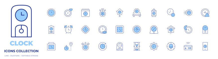 Clock icons collection. Line Duotone style, editable stroke. fast processing, time, expired, timer, long term, clock, desk clock, alarm clock, wall clock