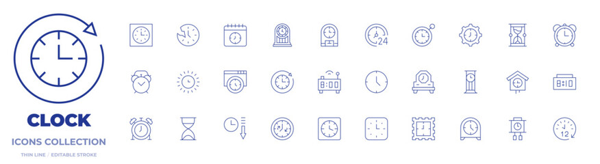 Clock icons collection. Thin Line icons, editable stroke. alarm clock, clock, sun, hourglass, time, decrease, desk clock, sand clock, smart clock, schedule
