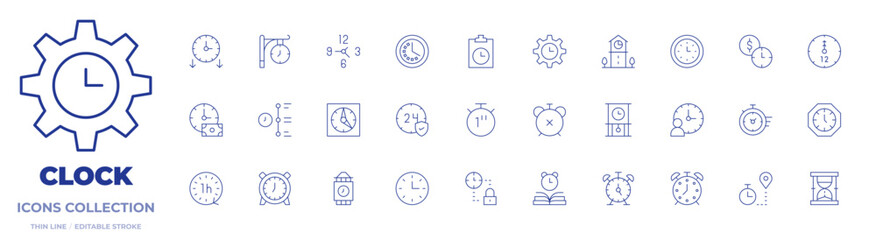 Clock icons collection. Thin Line icons, editable stroke. down time, time management, payment, time, one hour, second, timer, tower clock, clock, wall clock