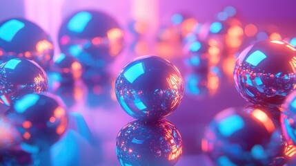 Reflective spheres in vibrant neon lighting.