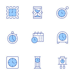 Clock icons set. Line Duotone style, editable stroke. clock, alarm clock, timer, table clock, hourglass, calendar