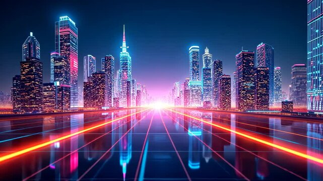 City skyline glowing at night, skyscrapers reflecting on water, concept of tourism, finance

