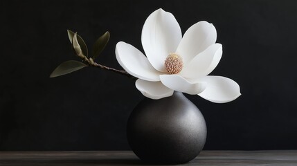 Photograph of a white magnolia flower in a black vase. the vase is round and has a smooth surface. the flower is in full bloom with its petals spread wide and its center a bright yellow color.
