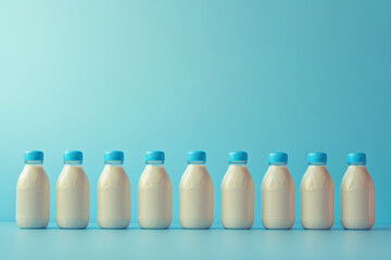 Row of milk bottles on rustic wooden shelf, with morning sunlight streaming in, casting shadows.