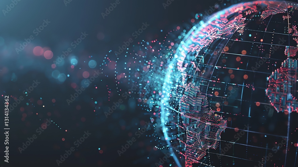 Poster Digital rendering of a glowing, data-driven globe with lines and dots representing global connectivity and data flow.