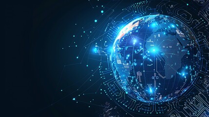 An abstract illustration depicting a digital globe surrounded by glowing circuit boards and connections, symbolizing global connectivity and technology.