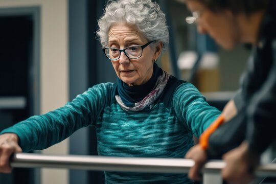 A senior woman working hard in her physical therapy session, using parallel bars to regain strength and mobility after a leg injury, with the therapist by her side.
