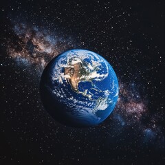 Fototapeta premium A breathtaking aerial view of Earth showcasing vibrant landscapes, with the vast Milky Way galaxy shimmering in the background, filled with countless stars and cosmic beauty.