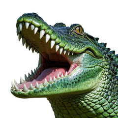 Obraz premium Hyper-realistic alligator, open jaws, sharp teeth, scaly skin, aggressive pose, studio lighting on transparent background