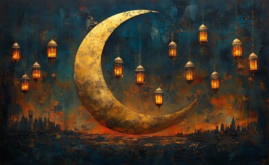 Golden Crescent Moon with Lanterns in a Mystical Night Scene