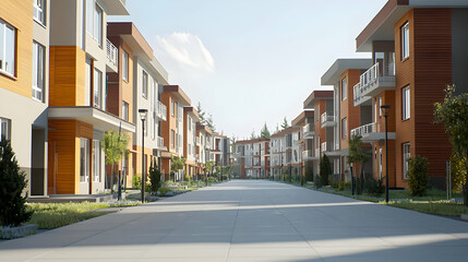 Fototapeta premium Modern Residential Street With Orange And Brown Apartment Buildings Under Blue Sky With Lush Green Landscaping And Trees In Suburban Neighborhood