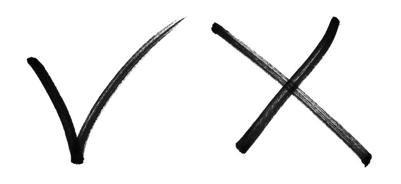 Check mark cross sign in grunge style. Yes and no symbol. Hand drawn right and wrong vector sign in circle brush stroke outline shape. tick mark symbol and x cross sign in brush style. Check mark vect