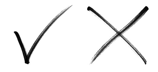 Check mark cross sign in grunge style. Yes and no symbol. Hand drawn right and wrong vector sign in circle brush stroke outline shape. tick mark symbol and x cross sign in brush style. Check mark vect