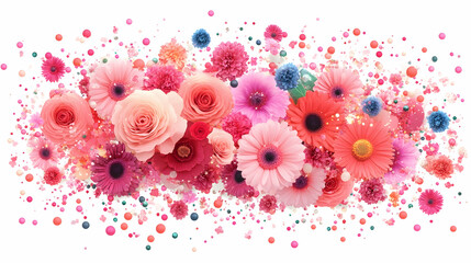 Floral burst Roses, gerberas, and more with small spheres on white background