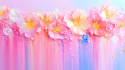 Floral cascade. Pink, peach blossoms drip in pastel color. Soft, feminine, delicate composition