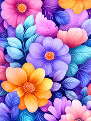 Floral fantasy Bright blooms in pink, purple, orange, and blue hues with stylized leaves
