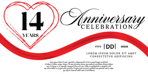 Vector 14th anniversary celebration logo lovely red ribbon abstract vector on white background design template illustration.