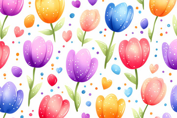 Floral pattern with vibrant tulips, polka dots, hearts on a white background