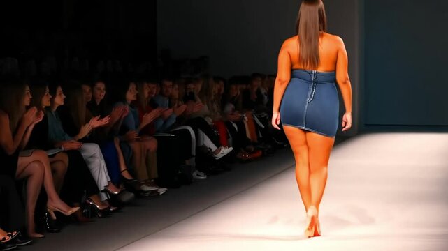 Back view of plus-size woman in jeans minidress walking on stage on the fashion show