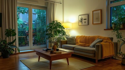 Fototapeta premium Warm and inviting living area with a comfy couch, a wooden coffee table, soft lighting, and a yellow blanket