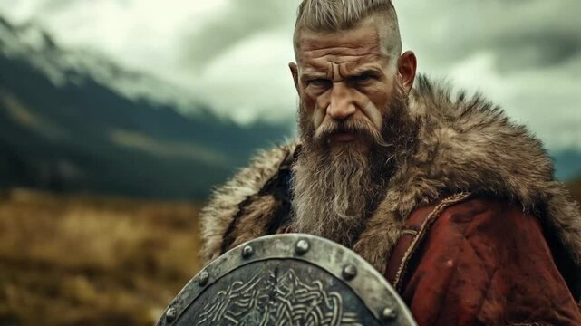 The Viking stood tall and proud, clad in fur and chainmail, his braided beard flowing in the wind as he gazed out over the fjord, ready to embark on a new adventure across the seas.