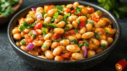 Spicy White Beans with Tomatoes and Herbs in Bowl