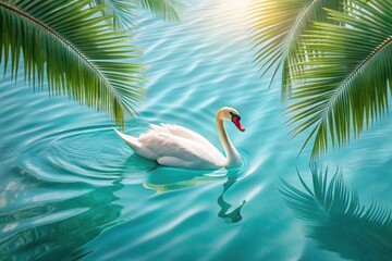 White swan with soft lines, floating on the light turquoise sea, surrounded by a few coconut leaves hanging down. Summer vibe