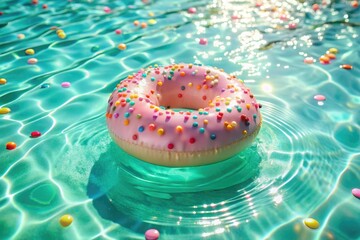 Pastel pink donut float with melted cream and pastel colored candy beads, floating on a mint green pool with shimmering sunlight reflection. Summer vibe
