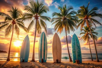 Peach and pastel blue surfboards are propped up against swaying coconut trees, reflecting the setting sun. Summer vibe