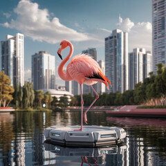 a pink flamingo in a futuristic setting