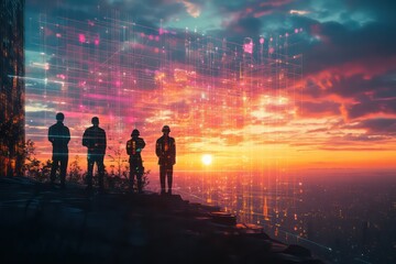 Fototapeta premium Engineers and workers on-site, silhouetted against the sunset, reviewing a futuristic smart city project blueprint