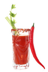 Glass of bloody mary cocktail with celery and chili pepper on white background