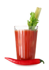 Glass of bloody mary cocktail with celery and chili pepper on white background